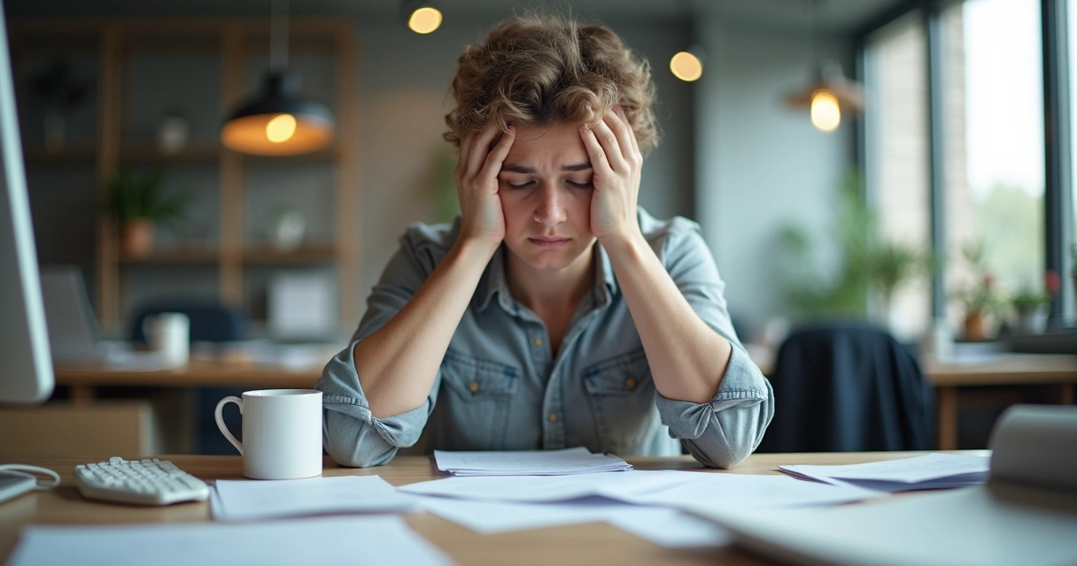 Pessoa sentada à mesa, expressão preocupada, papéis espalhados, ambiente de trabalho 