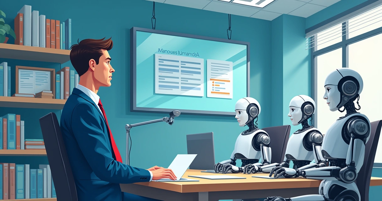 Ilustração de um escritório com robôs realizando tarefas, enquanto um advogado observa preocupado. Segurança e ética na IA destacadas.