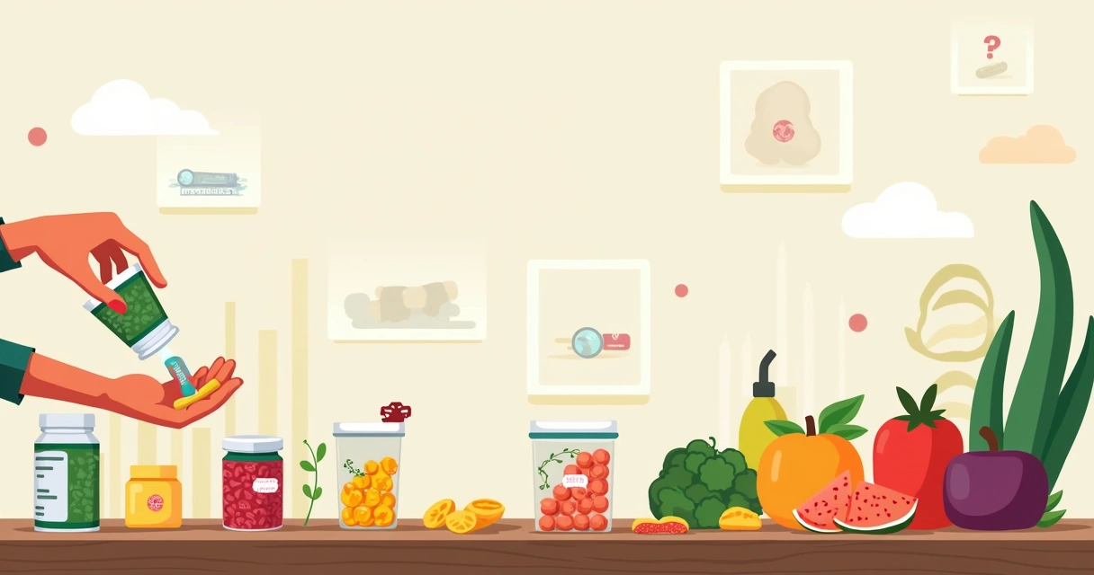 Ilustração de frascos de suplementos veganos na mesa, com preocupações sobre dosagem e dieta equilibrada.