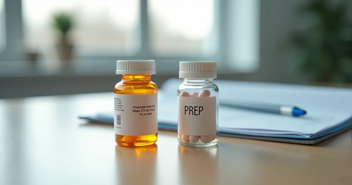 Preservativo e comprimidos de PrEP lado a lado sobre mesa de madeira clara 