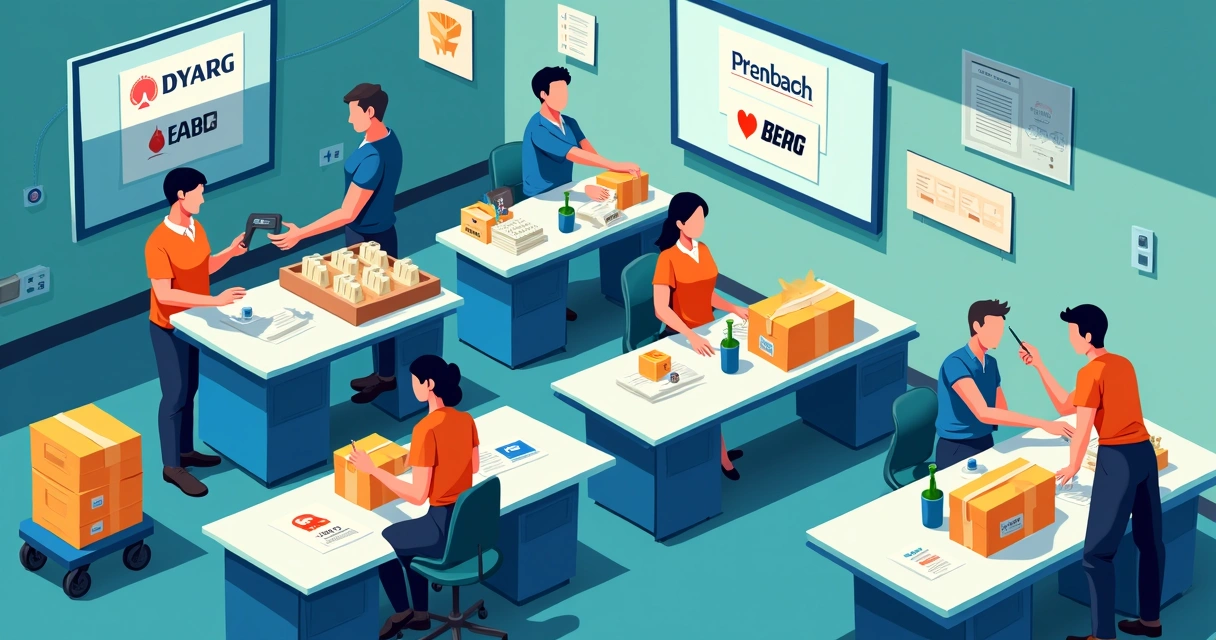Integração entre prep center e marketplaces, com produtos sendo preparados e etiquetados
