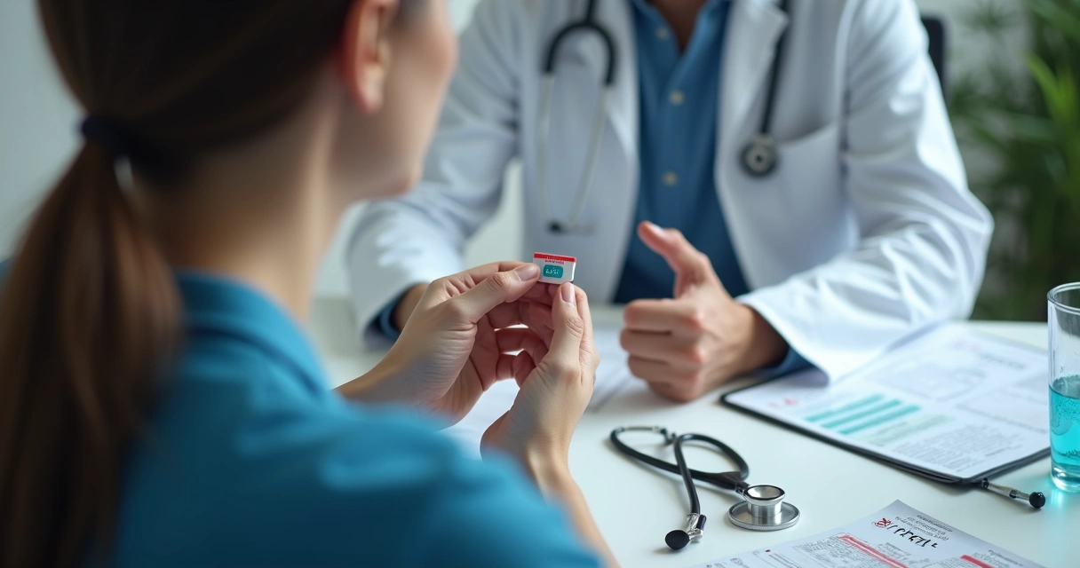 Paciente segurando comprimido de PrEP durante consulta com médico