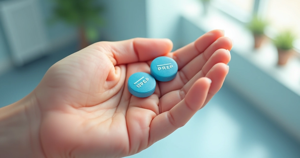 Profilaxia e vacinação para prevenir infecções oportunistas no HIV 2 Comprimidos de PrEP organizados na palma de uma mão, foco na medicação e na mão