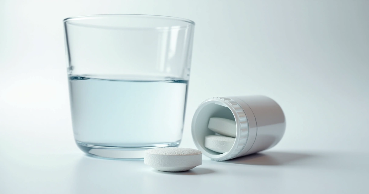 Comprimido da PrEP ao lado de um copo de água em fundo limpo, ilustrando prevenção ao HIV.