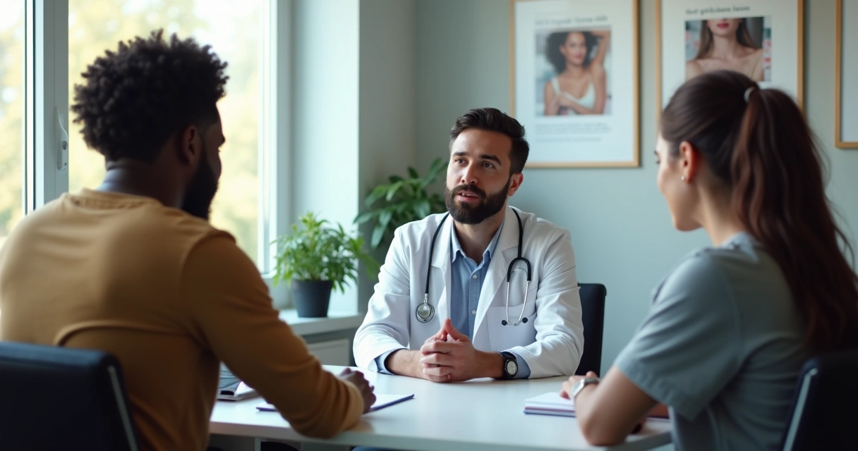 Profissional explicando PrEP e PEP a dois adultos no consultório