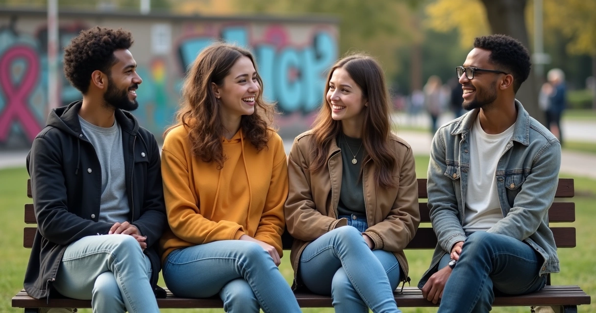 Grupo de jovens sentados em um banco de praça conversando, representando populações-chave para uso da PrEP