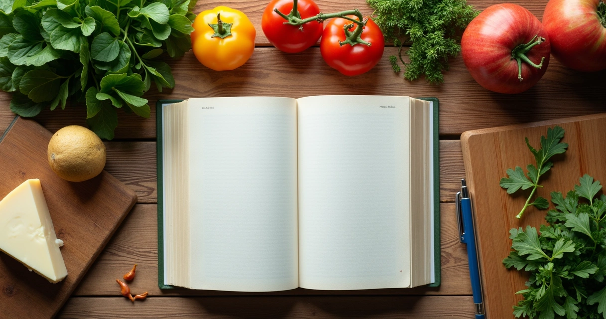 Mesa com ingredientes, livros de receitas e notebook 