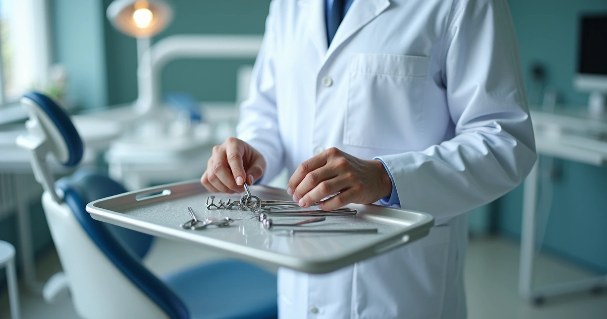 Dentista ajustando ferramentas em consultório antes do atendimento 