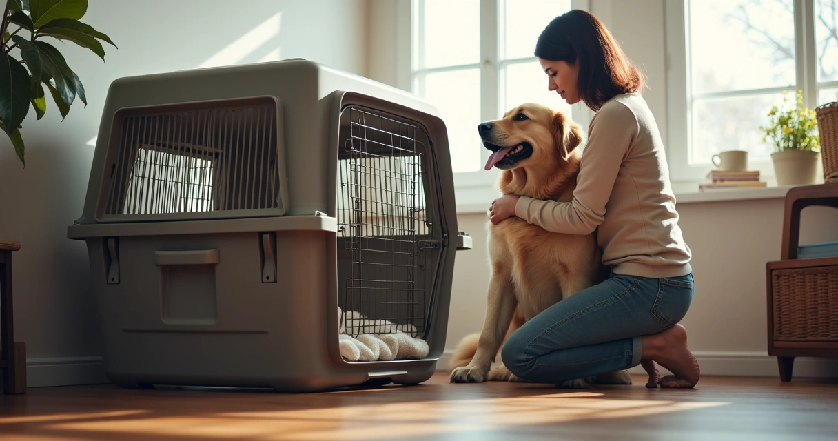 Tutor preparando o cão para a viagem junto à caixa de transporte 