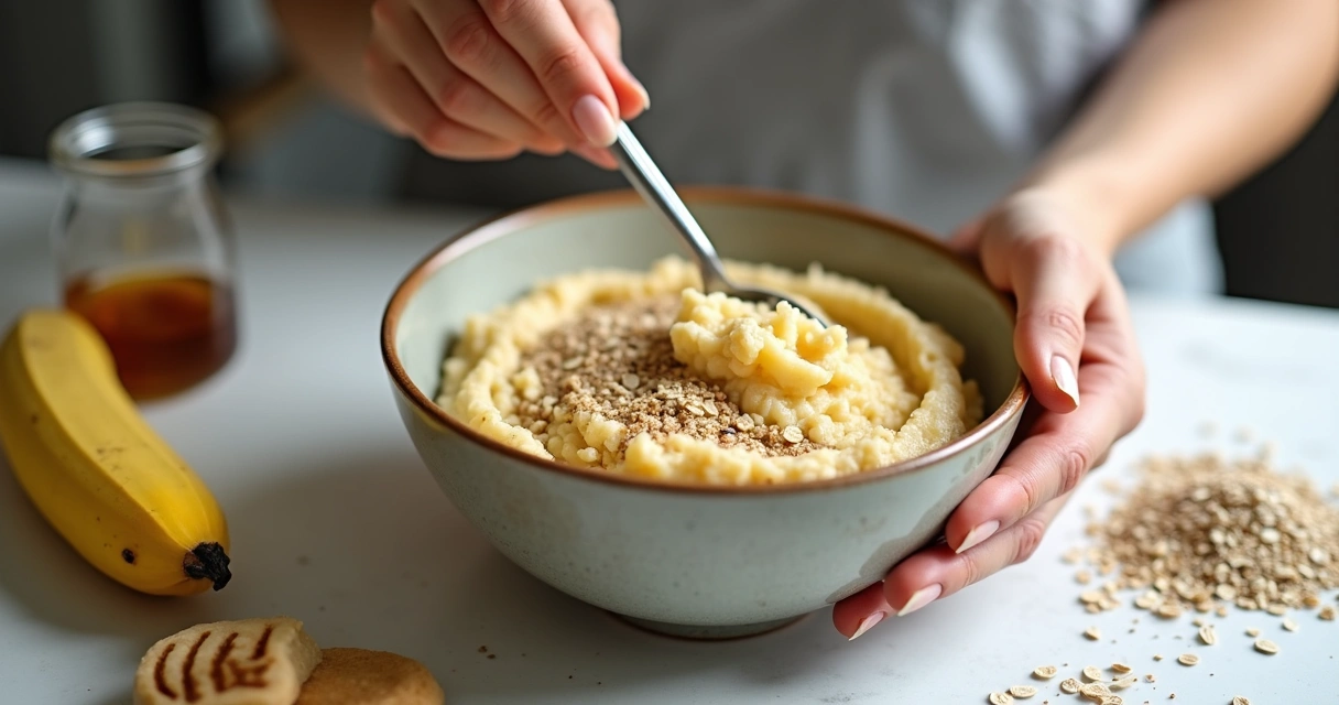 Mãos femininas misturando banana amassada e aveia em uma tigela de cerâmica sobre bancada clara, ingredientes dispostos ao redor 