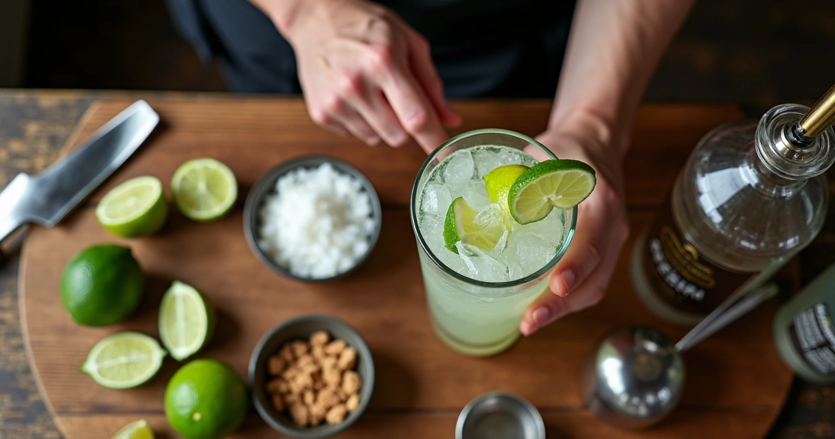 Processo de preparação de caipirinha, mostrando limão, açúcar e cachaça no copo, prontos para maceração 