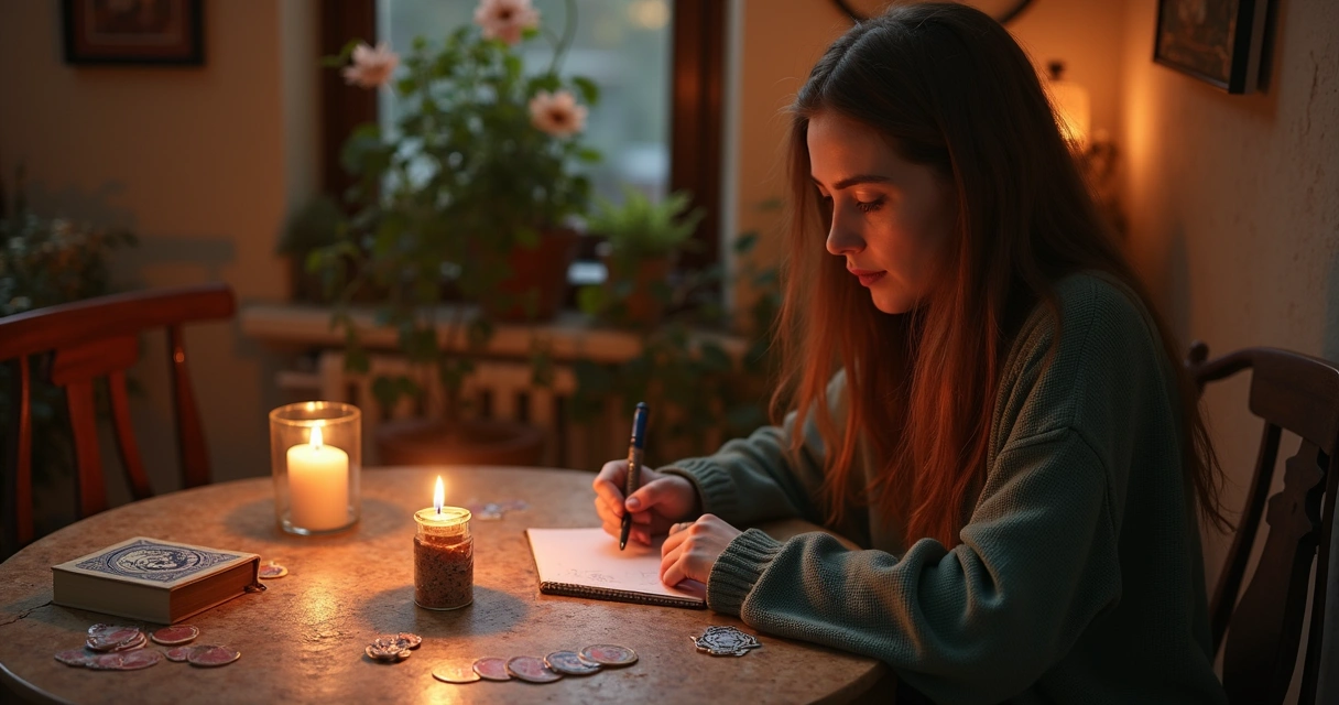Pessoa preparando consulta ao baralho cigano com vela e perguntas escritas