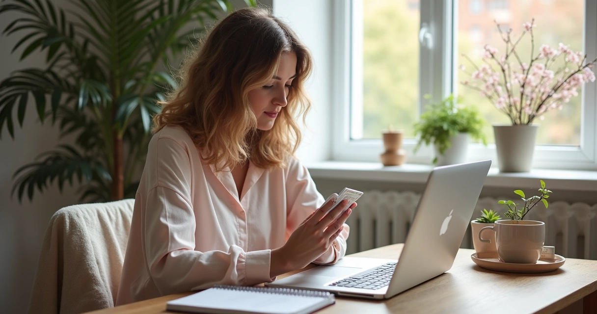 Mulher se preparando para consulta de cartas online, ambiente acolhedor 