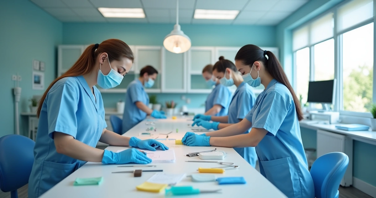 Equipe organizando consultório odontológico.