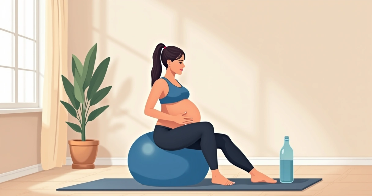 Gestante realizando exercícios de preparação para parto normal com bola de pilates 