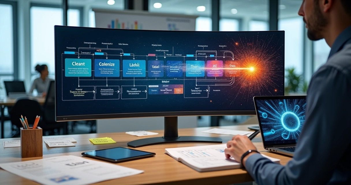 Mesa de trabalho corporativa com ilustracao de pipeline de dados para inteligencia artificial em monitor amplo 