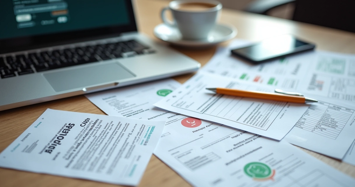 Pilha de documentos empresariais sobre mesa com notebook ao lado