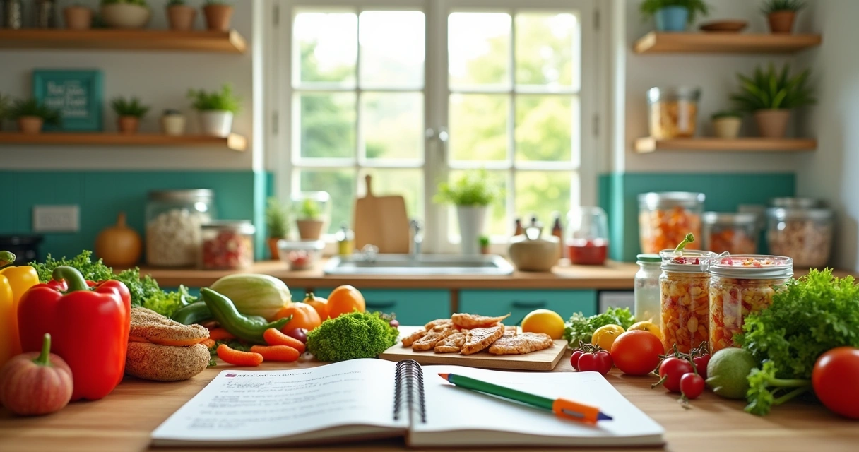 Cena de uma cozinha com ingredientes saudáveis, refeições organizadas e um diário alimentar.