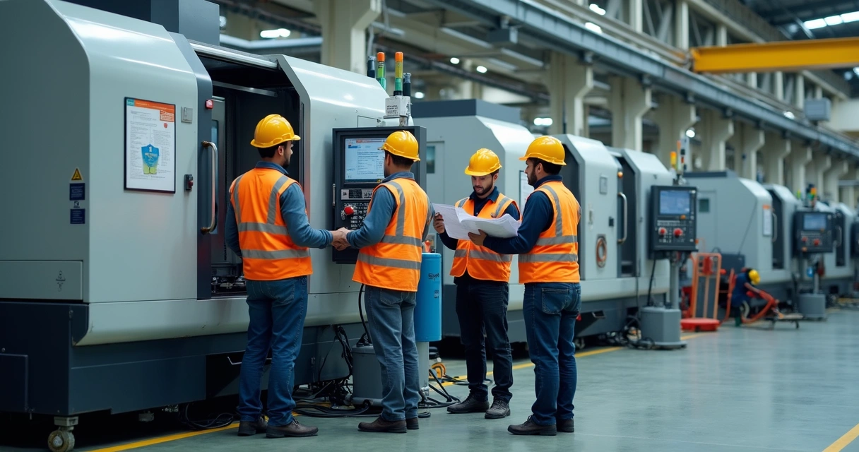 Equipe desconectando máquina industrial em ambiente fabril 