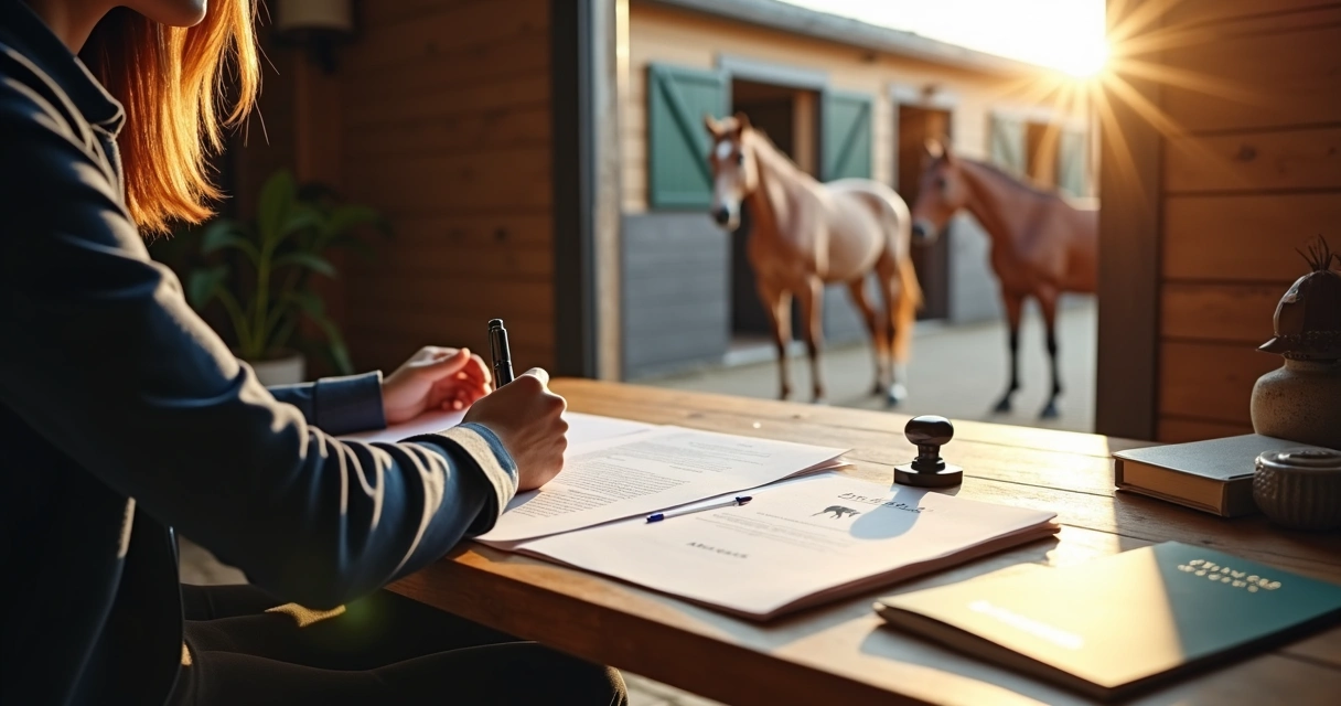 Pessoa preenchendo documentos de transporte de cavalo, mesa com papéis, carimbo e passaporte equino, próxima ao estábulo. 