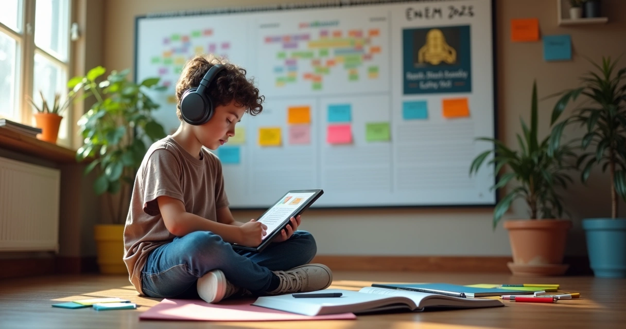 Estudante com fones organizando estudos para ENEM com podcast