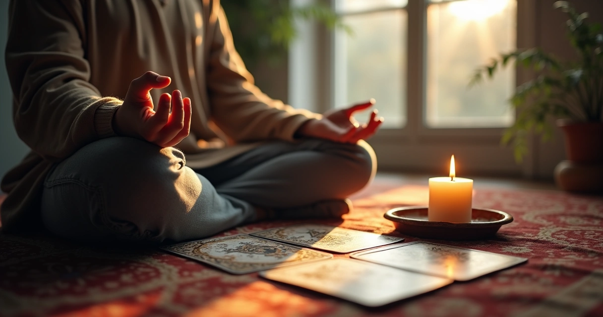 Pessoa meditando ao lado de cartas de tarot e vela branca acesa 