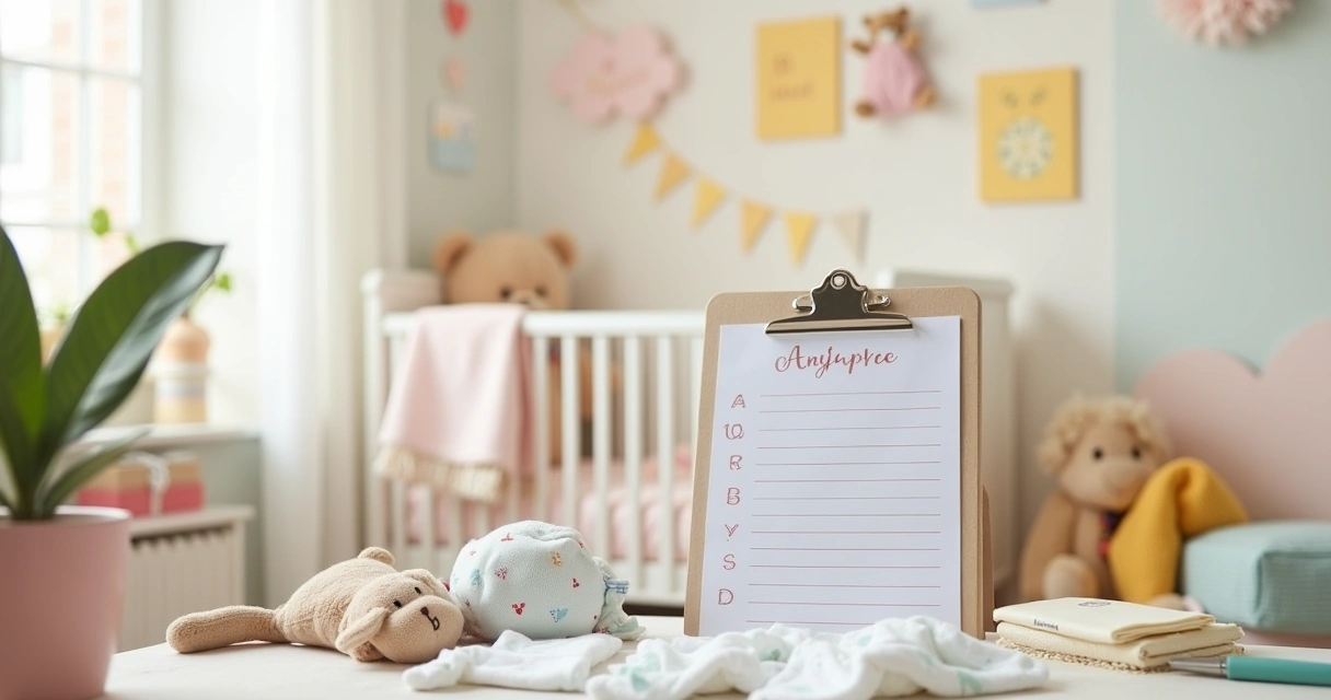 Ambiente de preparação do enxoval de bebê com lista de itens essenciais e um berço decorado.