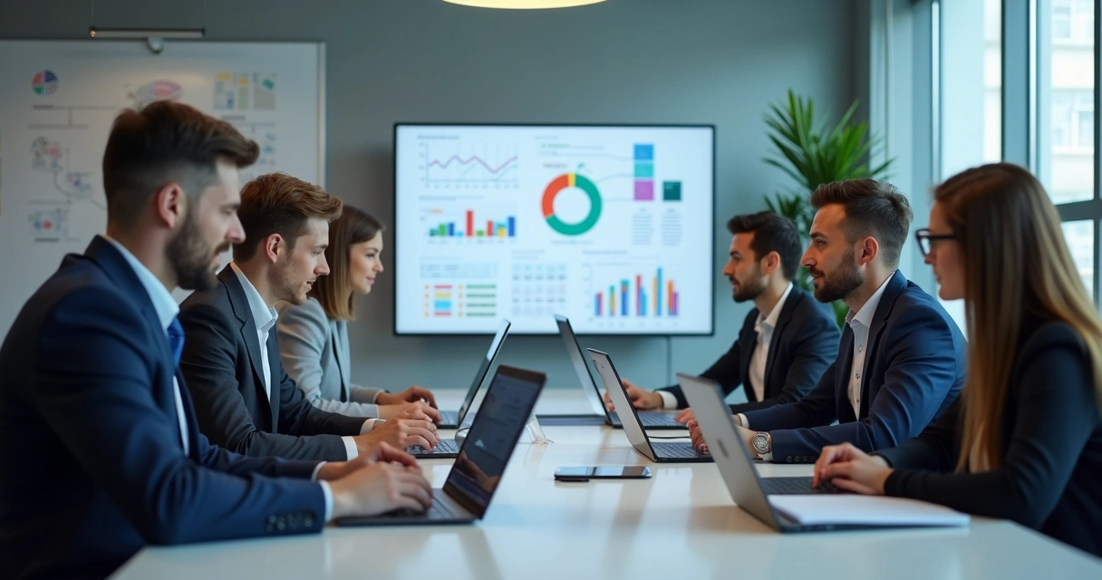 Equipe de vendas analisando dados em laptops em sala de reunião