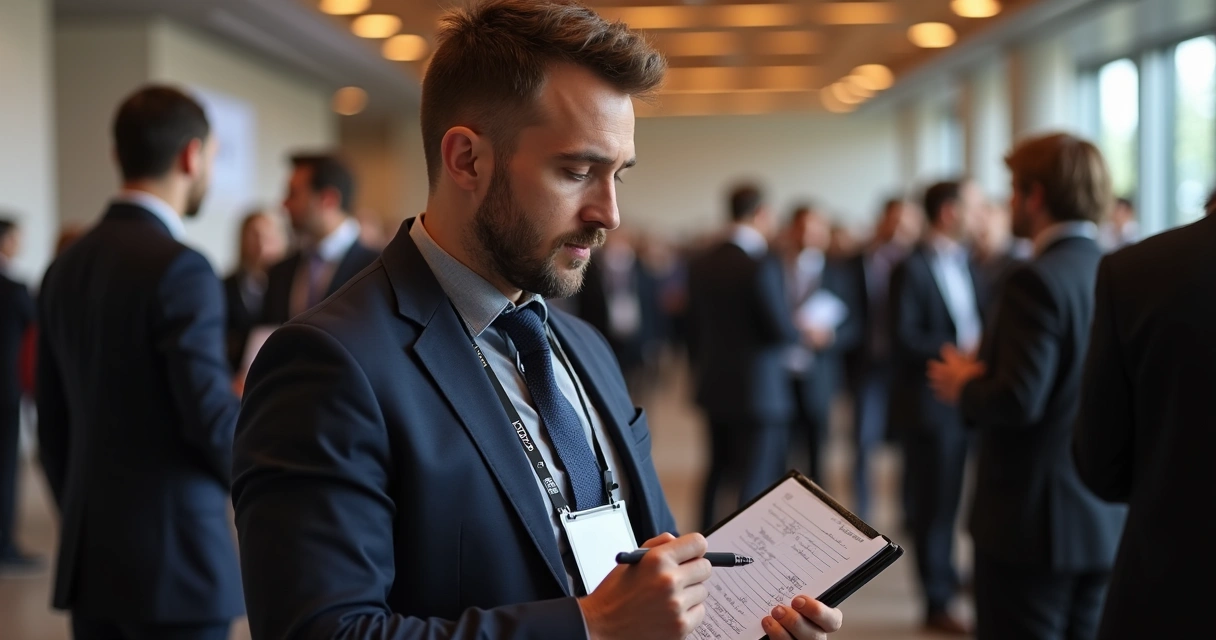 Pessoa com caderno e crachá anotando ideias em evento profissional 