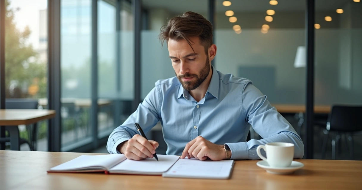 Gestor revisando anotações antes de reunião de feedback 
