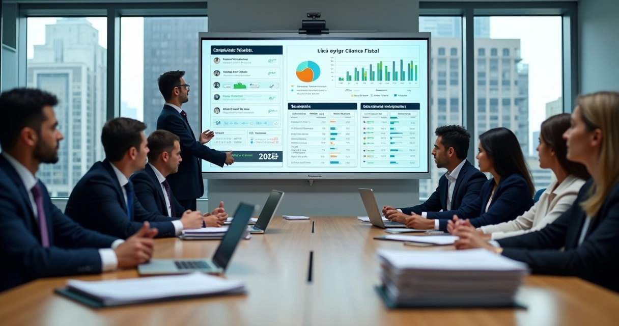 Equipe empresarial analisando documentos fiscais em sala de reunião moderna 