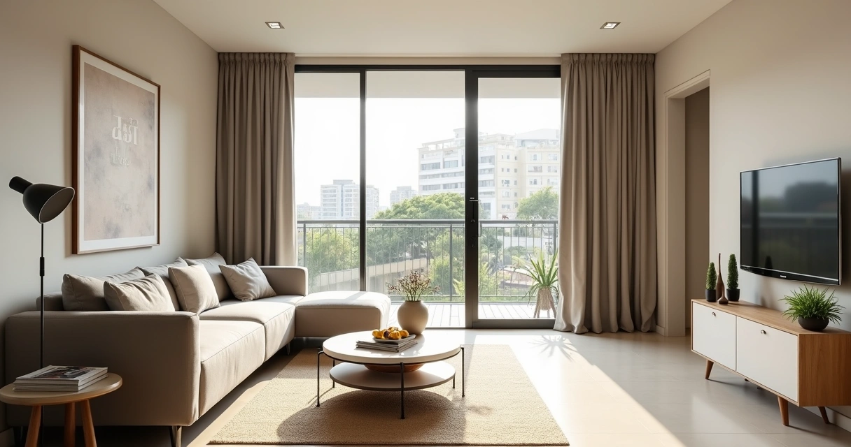 Sala de estar organizada e iluminada pronta para venda de imóvel 