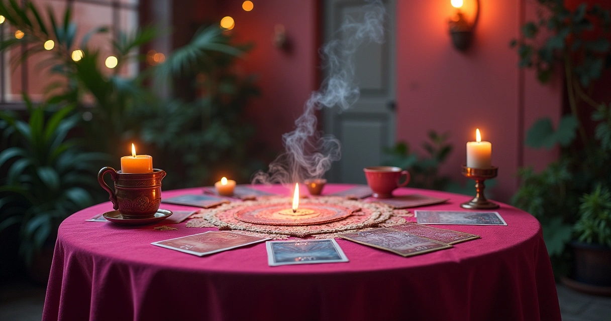 Ambiente sereno de preparação para leitura de tarô com mesa rústica, cartas, chá e velas.