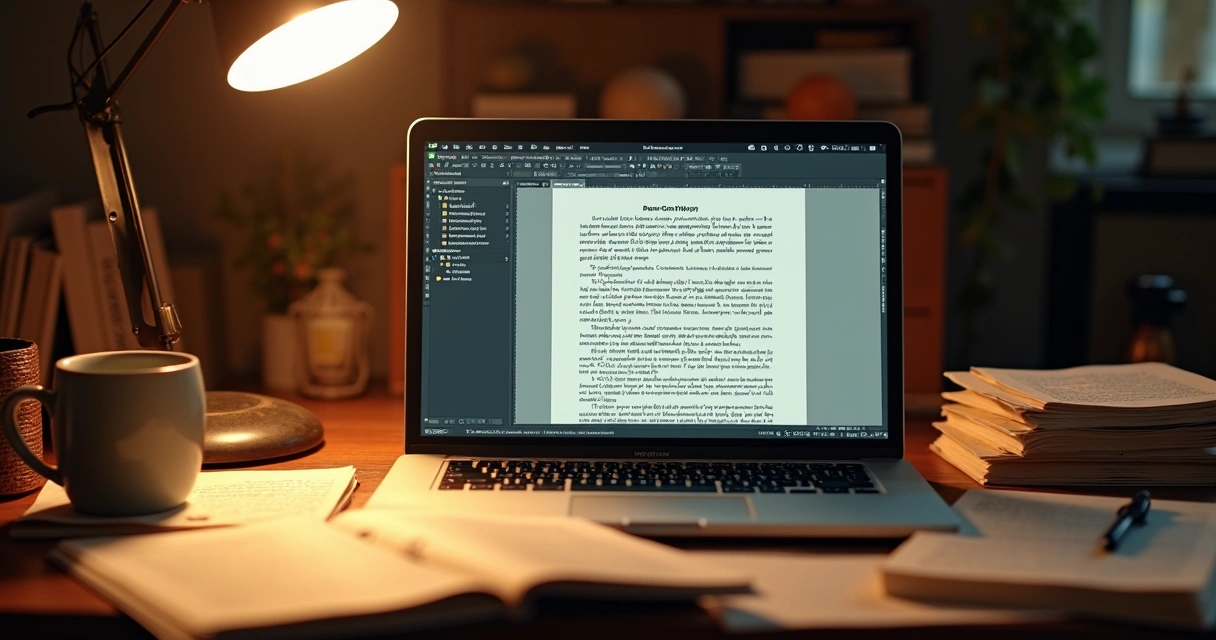 Mesa com laptop mostrando editor de texto, anotações e uma caneca 