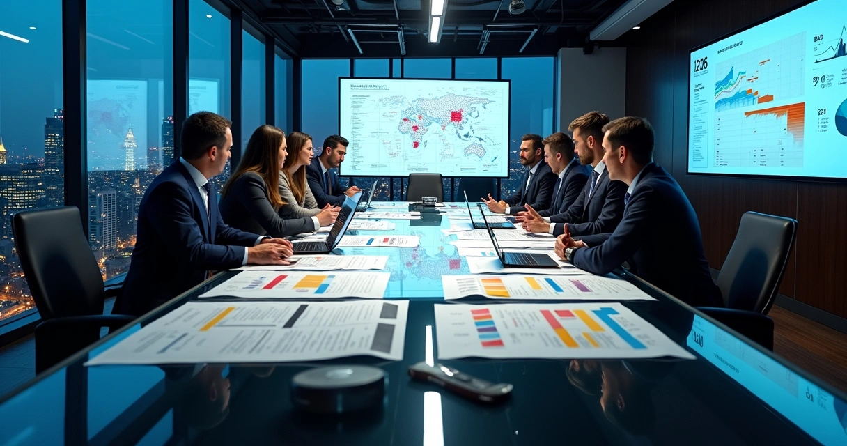 Equipe executiva analisando plano de integração em sala de guerra corporativa 