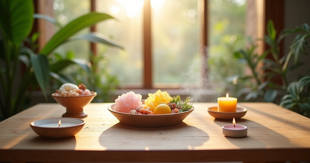 Ambiente de meditação com cristais, incenso e vela, criando uma atmosfera tranquila e acolhedora.