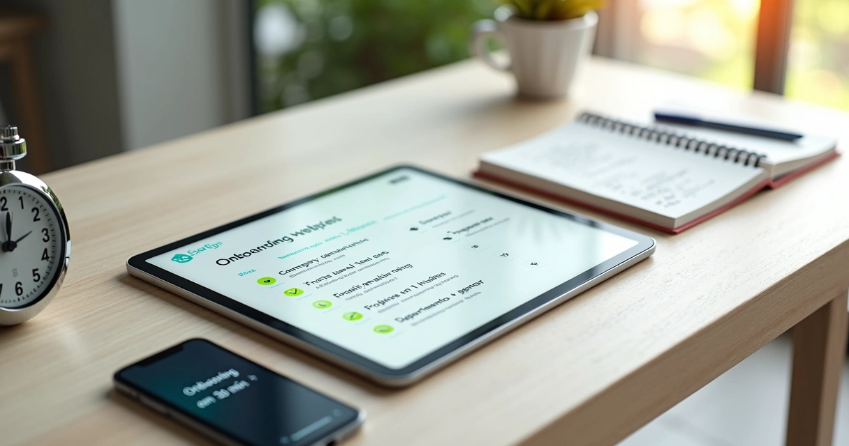 Gestor prepara checklist digital de dados da empresa ao lado de cronômetro em 30 minutos 