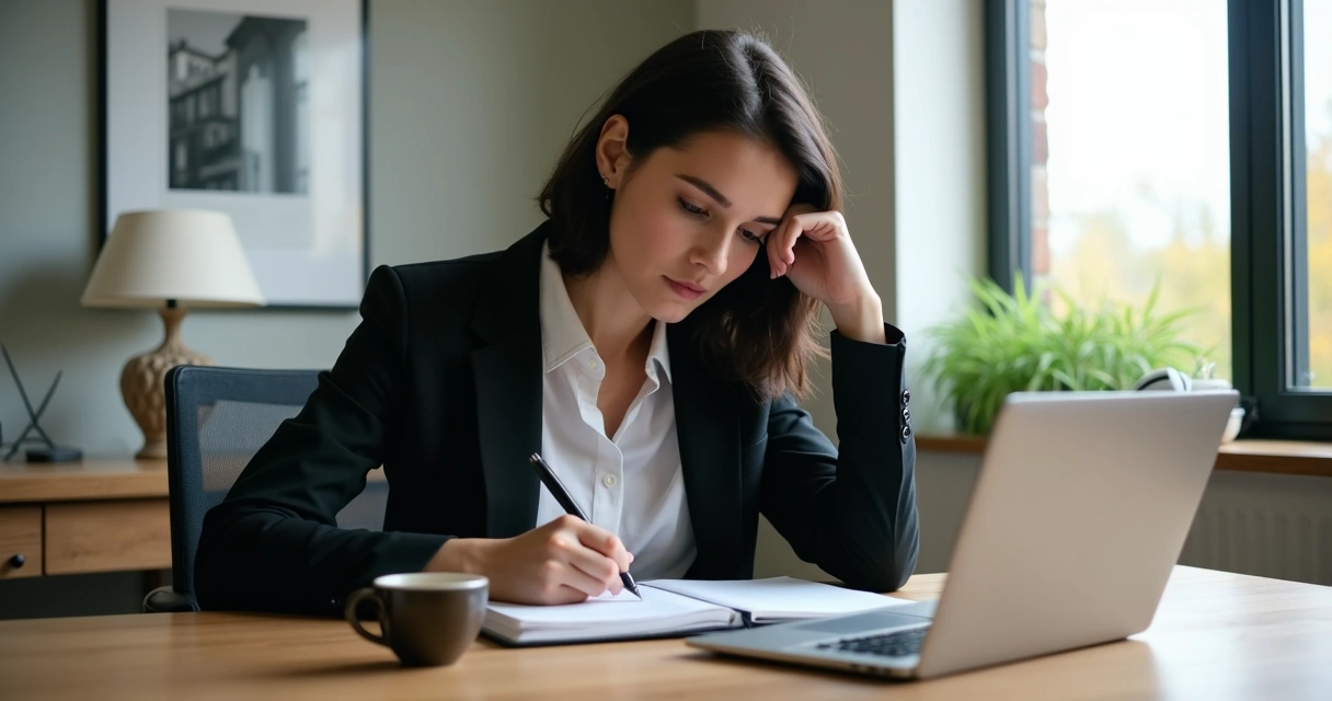 Pessoa sentada à mesa preparando anotações para reunião 
