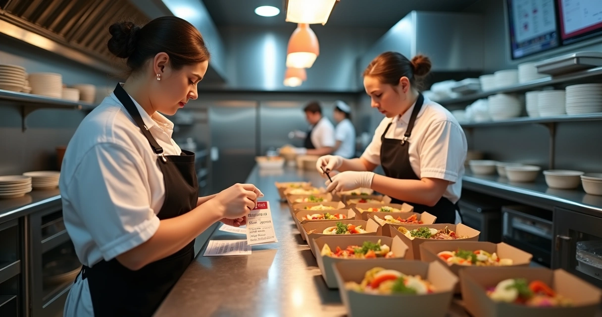 Equipe preparando pedido de delivery com atenção 