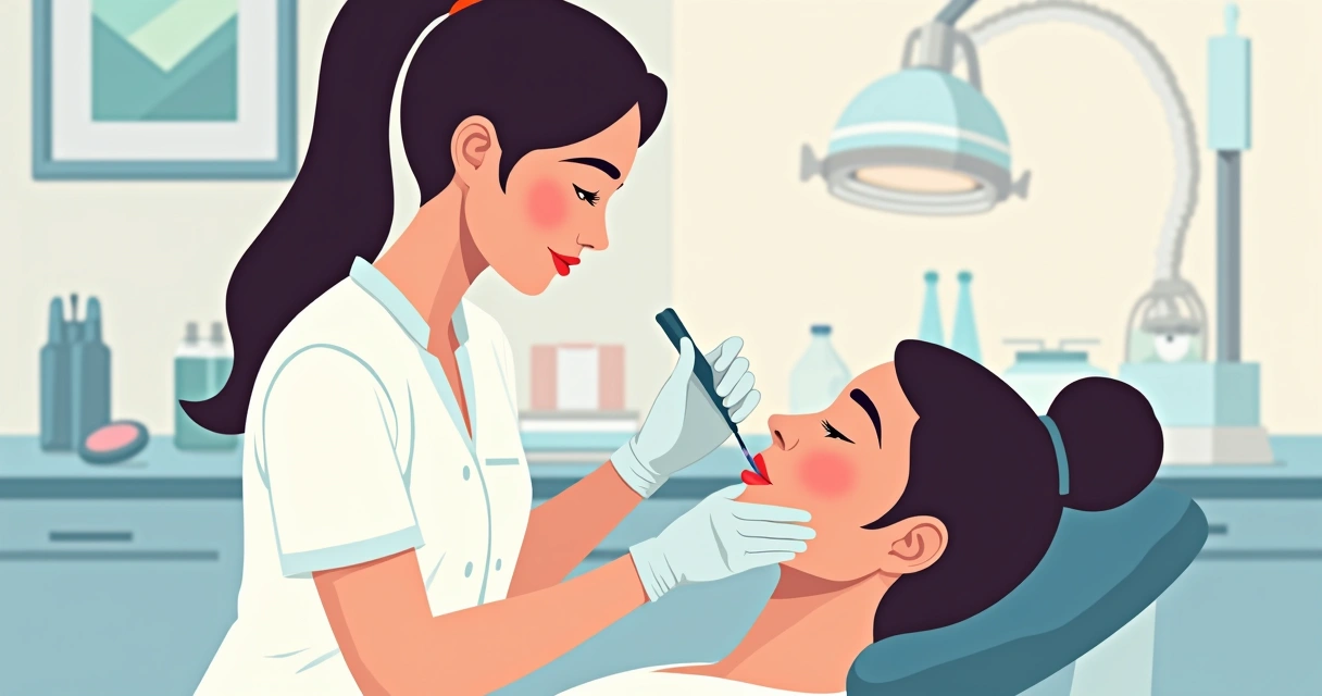 Profissional preparando lábios de paciente para preenchimento