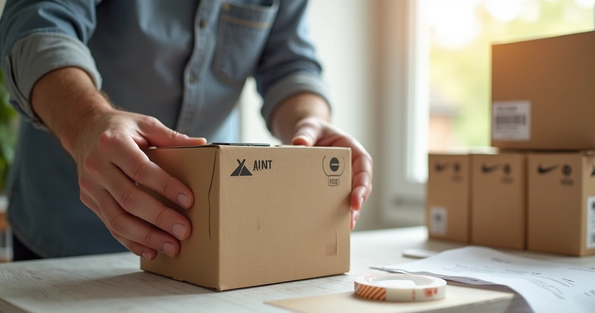 Pessoa preparando e embalando produtos para envio 