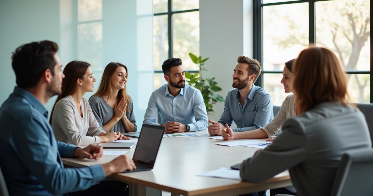 Pessoas ao redor de uma mesa de reunião se preparando em silêncio, alguns respiram fundo antes do início 