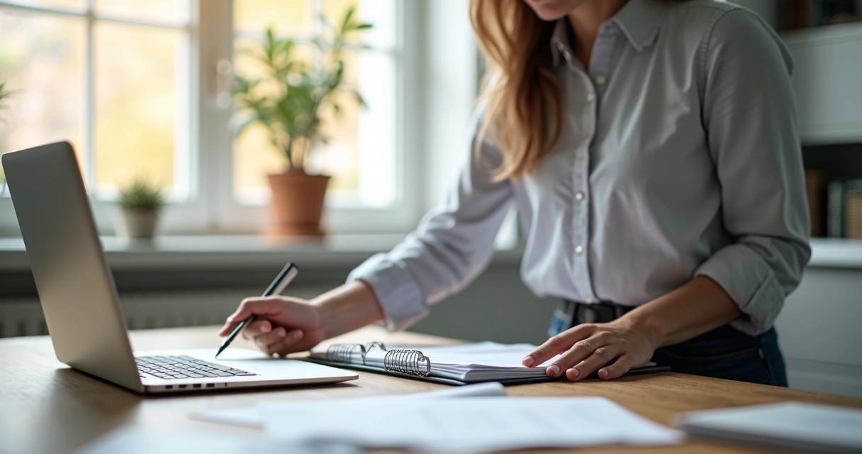 Pessoa organizando documentos e computador em mesa limpa para reunião