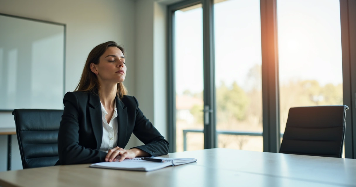 Profissional sentado em uma sala de reunião, olhos fechados e respirando fundo, ambiente claro e mesa com anotações 