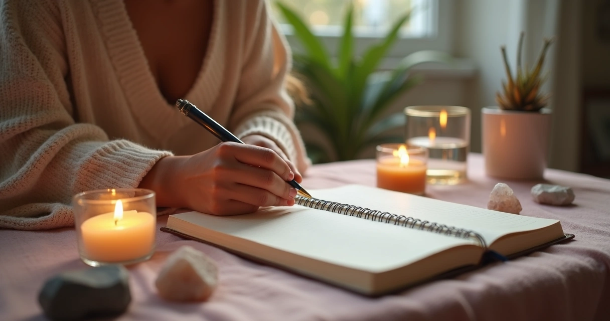 Pessoa se preparando para sessão de mesa radiônica com caderno e velas. 