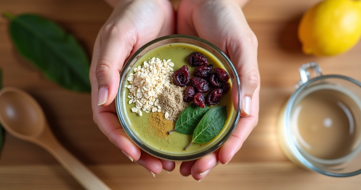 Mãos misturando aveia, ameixa, sene e óleo mineral em um copo transparente 