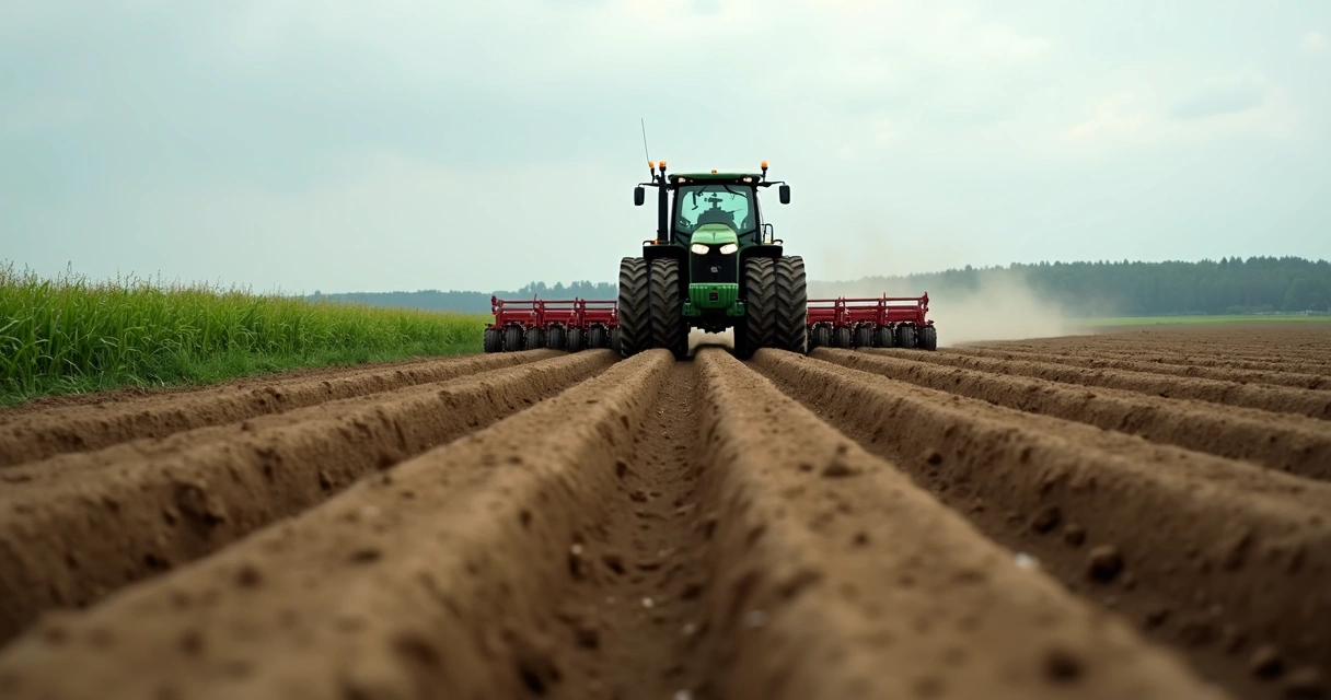 Maquinário agrícola preparando o solo para plantio de soja 