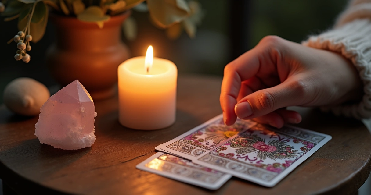 Pessoa preparando ambiente para leitura de baralho cigano, com vela acesa e cristal
