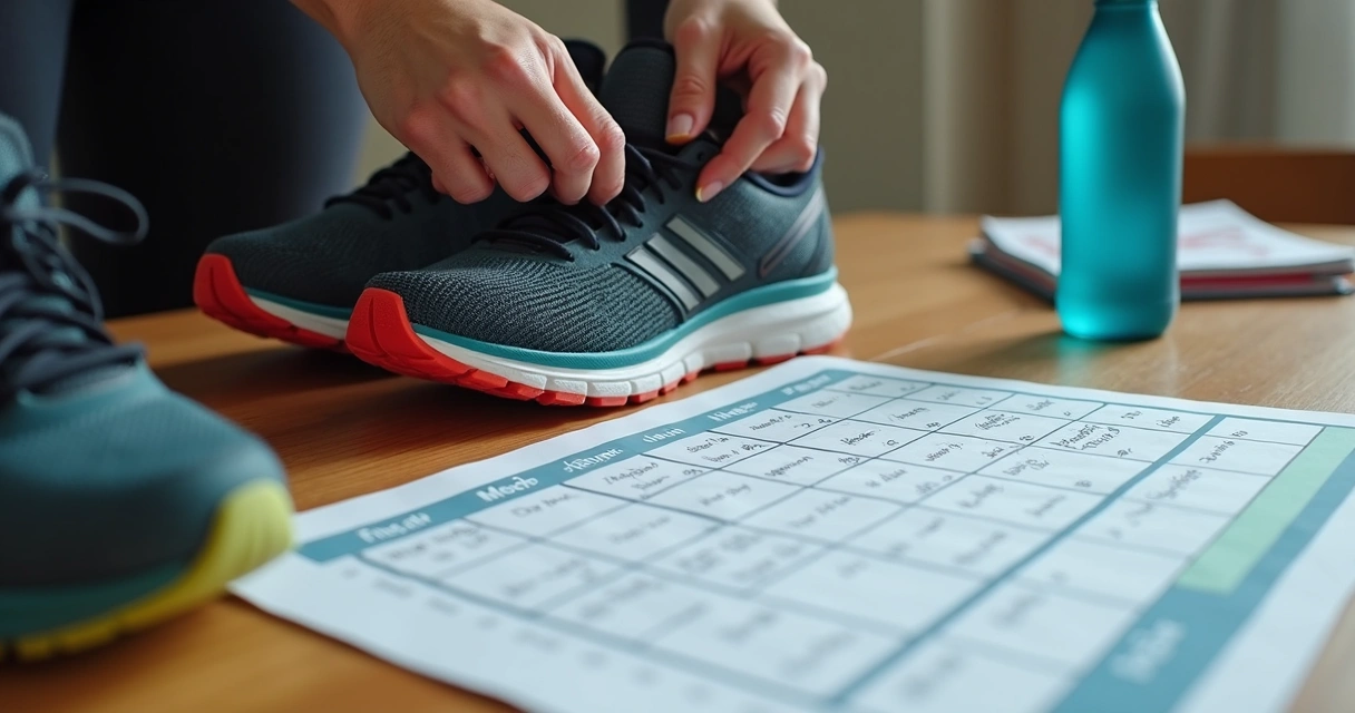 Pessoa organiza tênis, garrafa d'água e planilha de treino para resistência 