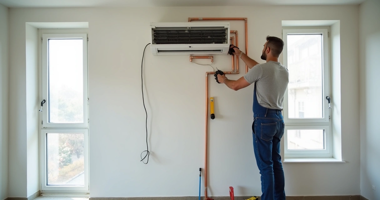 Técnico a preparar tubagem de ar condicionado split em parede interior 